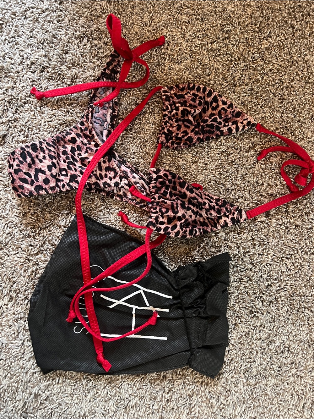 Leopard Print Triangle Bikini Top with Red Ties